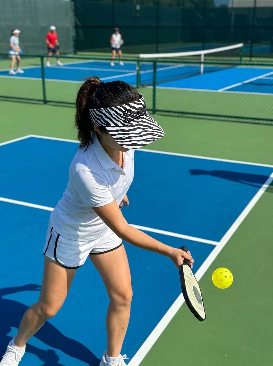 Player mid serve in the Zebra Flexband Visor