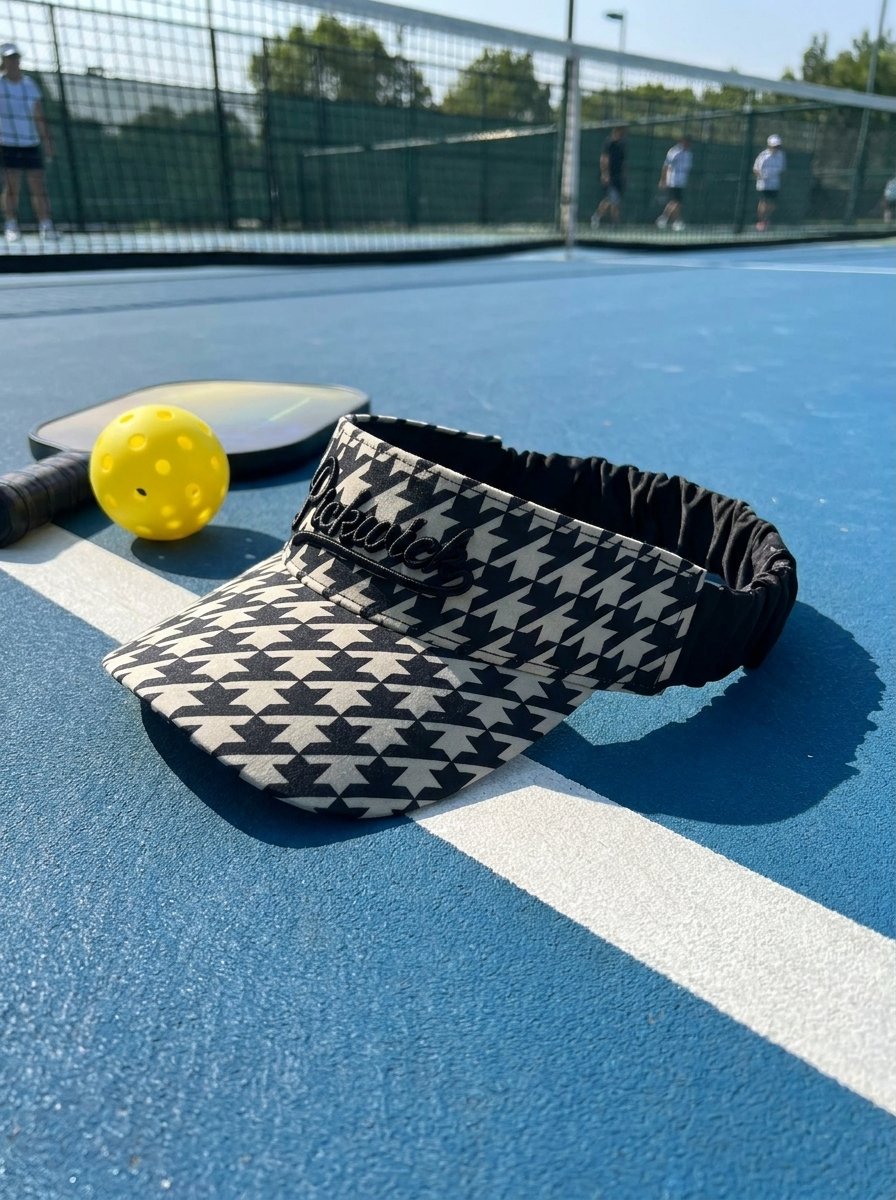 The Flexband Visor in Houndstooth on a blue pickleball court beside a paddle and ball