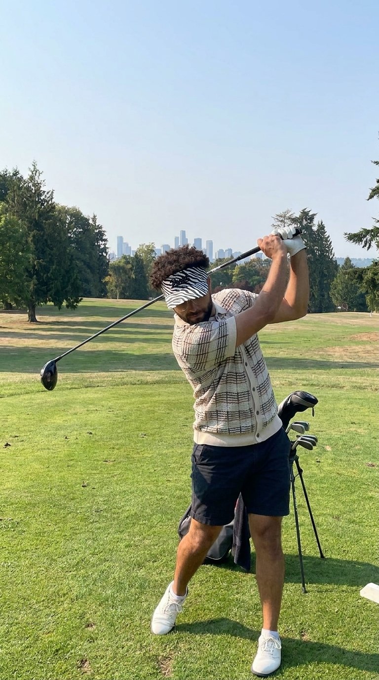 Golfer at the top of his backswing in the Zebra Flexband Visor, city skyline behind